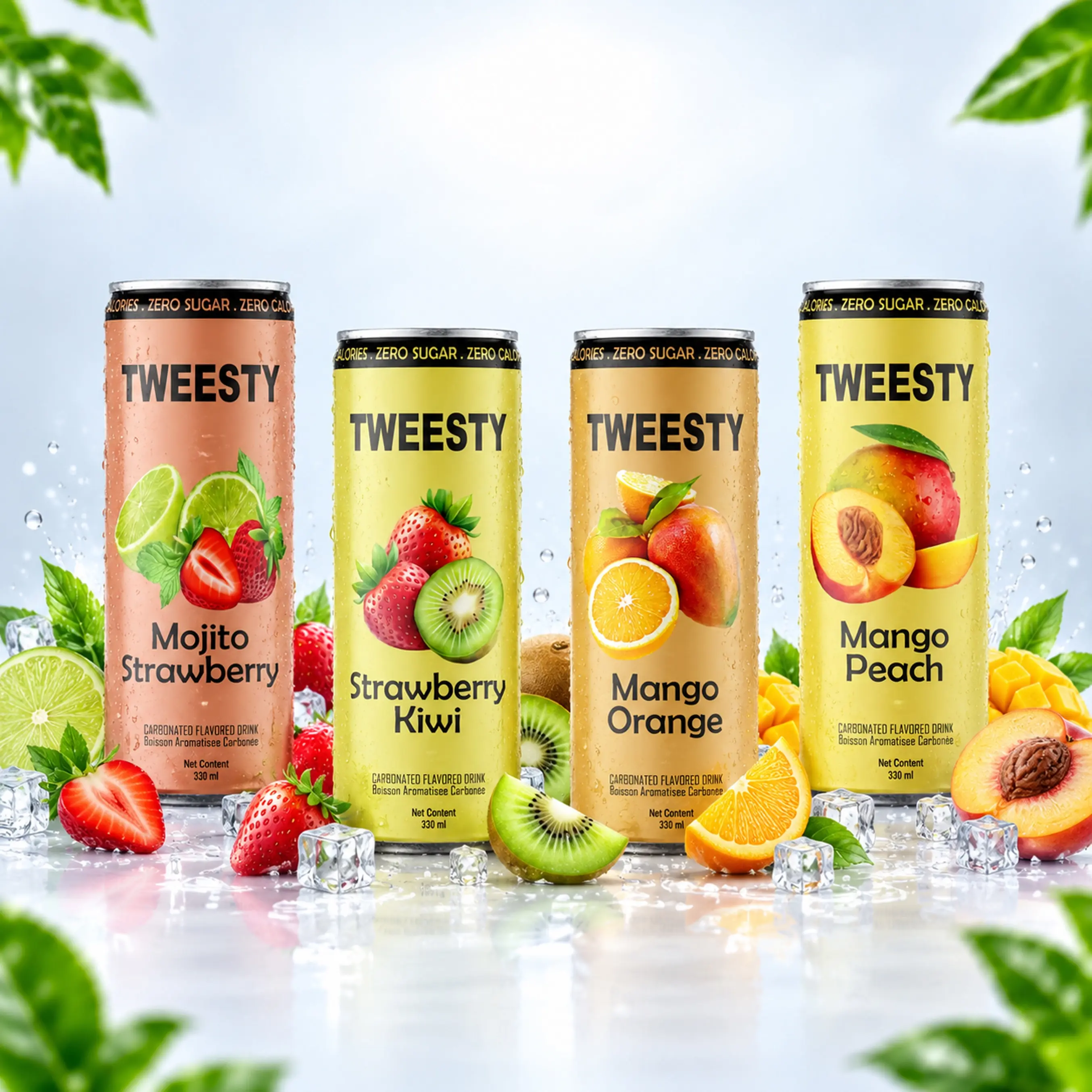 Tweesty 330 ml cans in Mojito Strawberry, Strawberry Kiwi, Mango Orange and Mango Peach flavours with fresh fruit and ice.